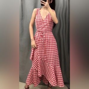 SugarLips Gingham Wrap Dress Red White check sleeveless Ruffle Asymmetrical